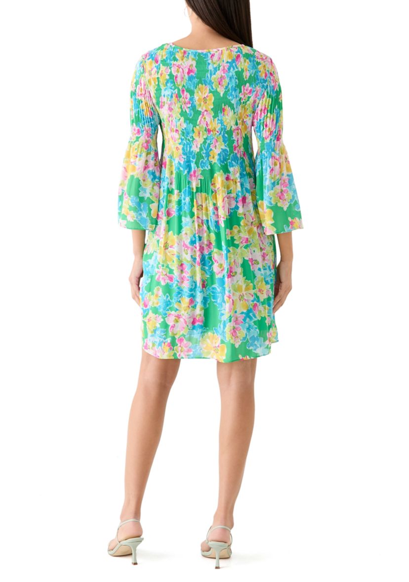 Womens 3/4 Sleeve Keyhole Neck Floral Print Dress