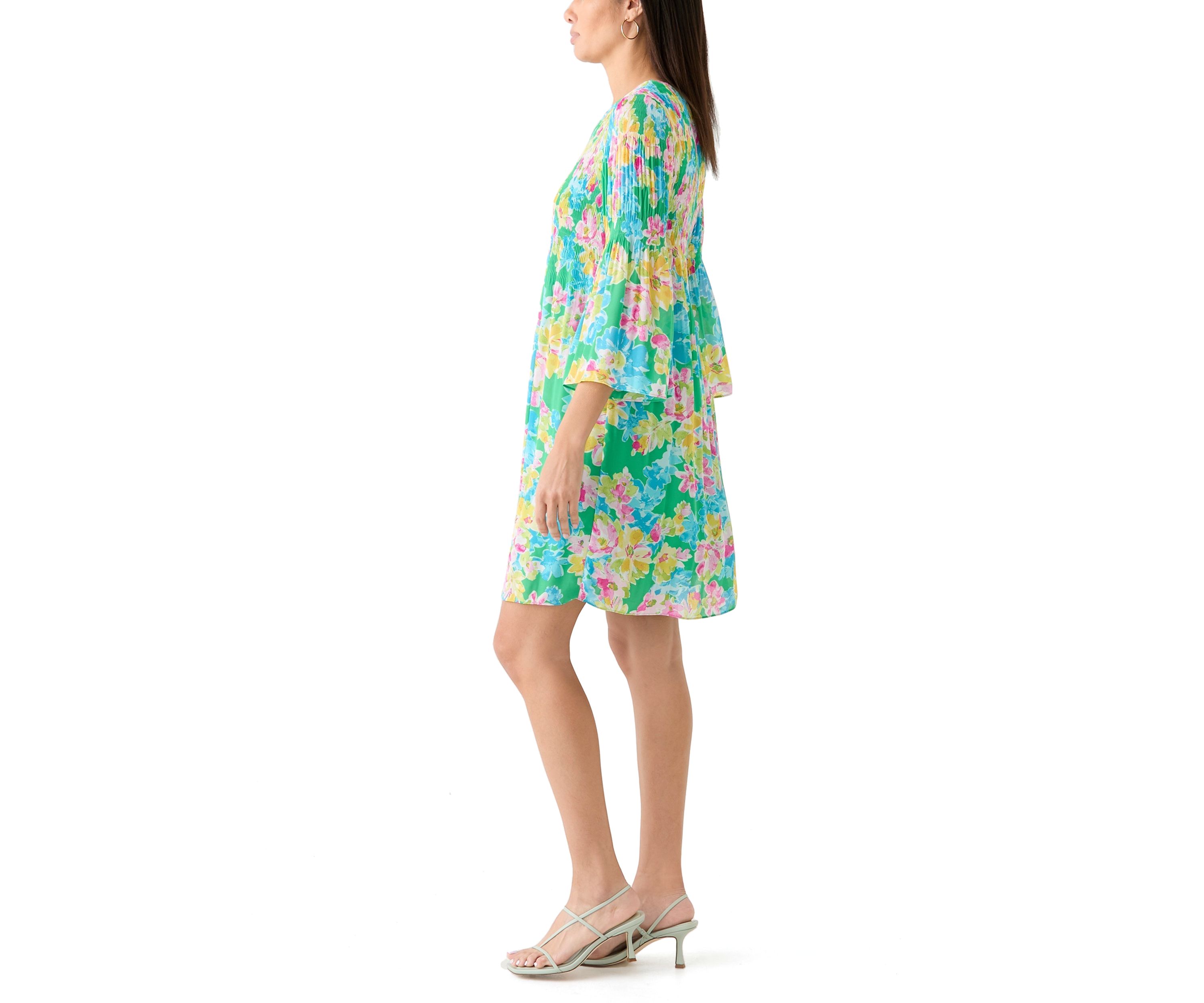 Womens 3/4 Sleeve Keyhole Neck Floral Print Dress