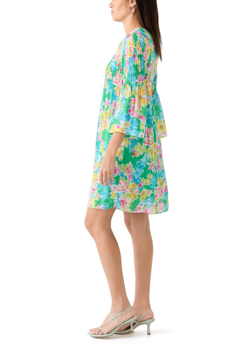 Womens 3/4 Sleeve Keyhole Neck Floral Print Dress