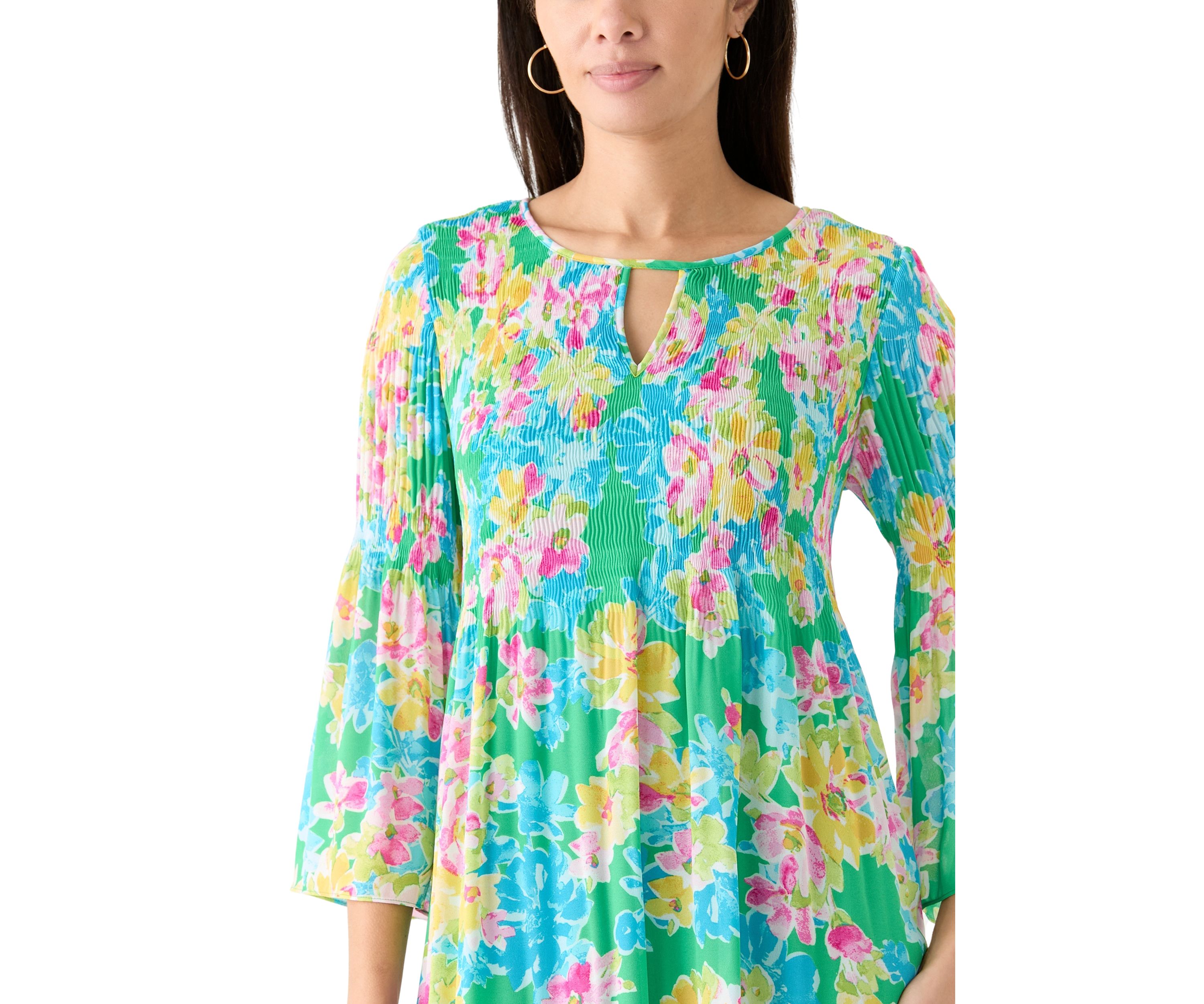 Womens 3/4 Sleeve Keyhole Neck Floral Print Dress