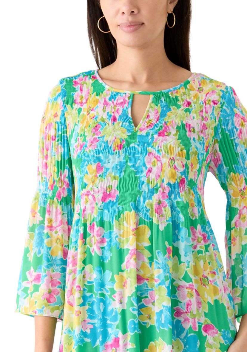 Womens 3/4 Sleeve Keyhole Neck Floral Print Dress