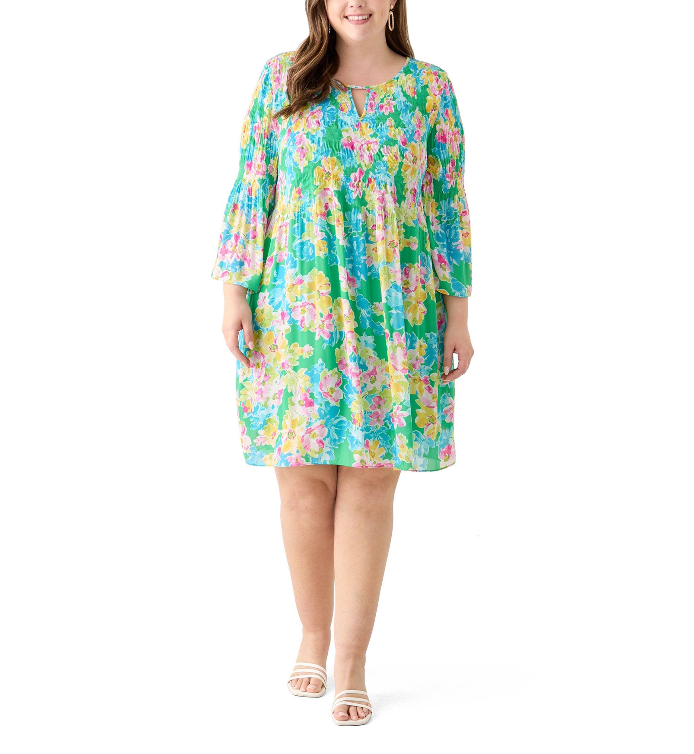 Plus Size Long Sleeve Keyhole Floral Pleater Dress
