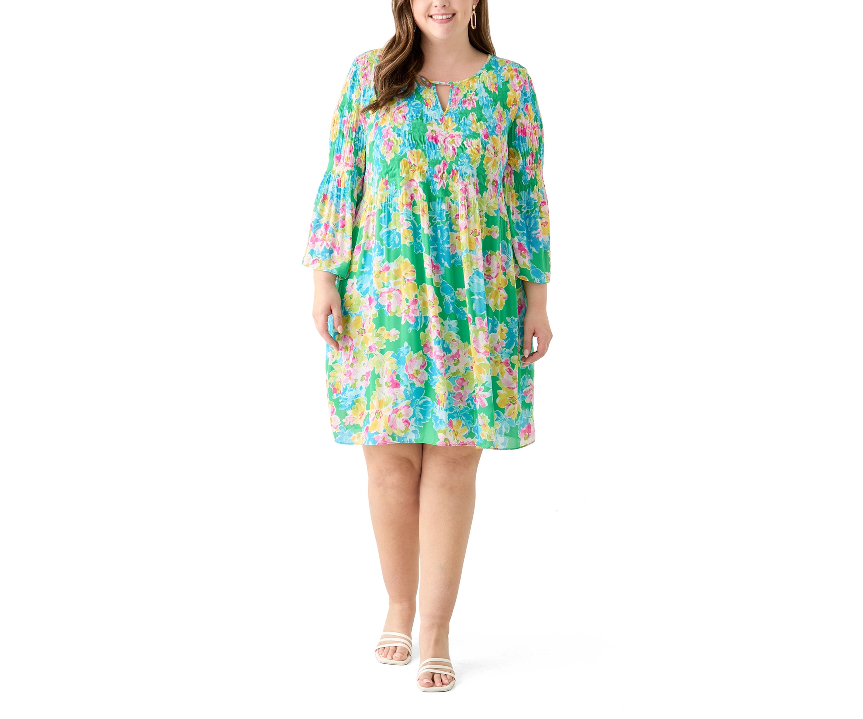 Plus Size Long Sleeve Keyhole Floral Pleater Dress