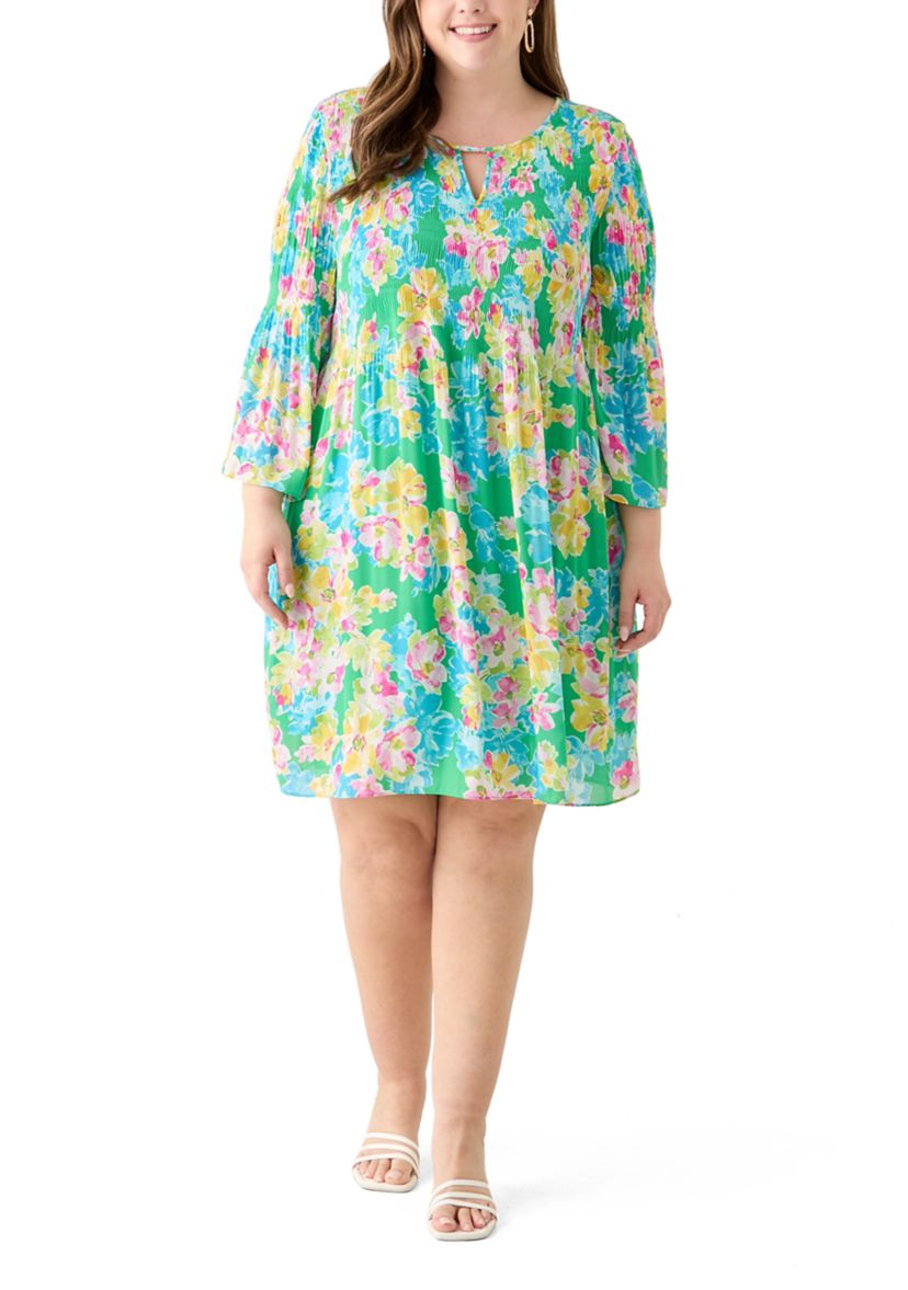 Plus Size Long Sleeve Keyhole Floral Pleater Dress