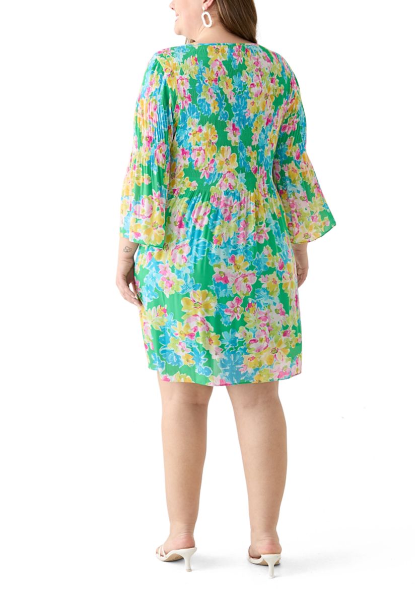 Plus Size Long Sleeve Keyhole Floral Pleater Dress