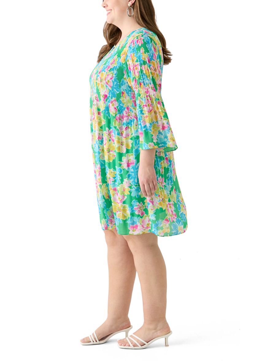 Plus Size Long Sleeve Keyhole Floral Pleater Dress