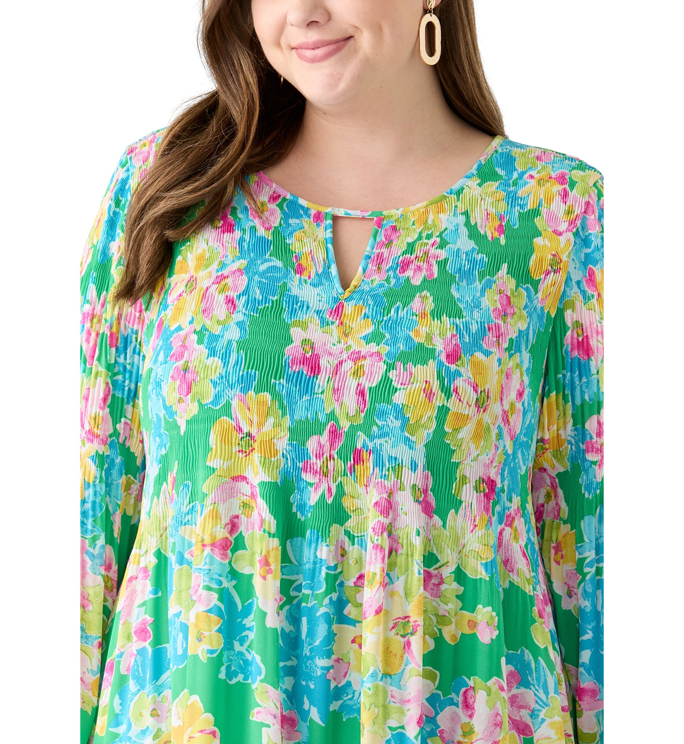 Plus Size Long Sleeve Keyhole Floral Pleater Dress