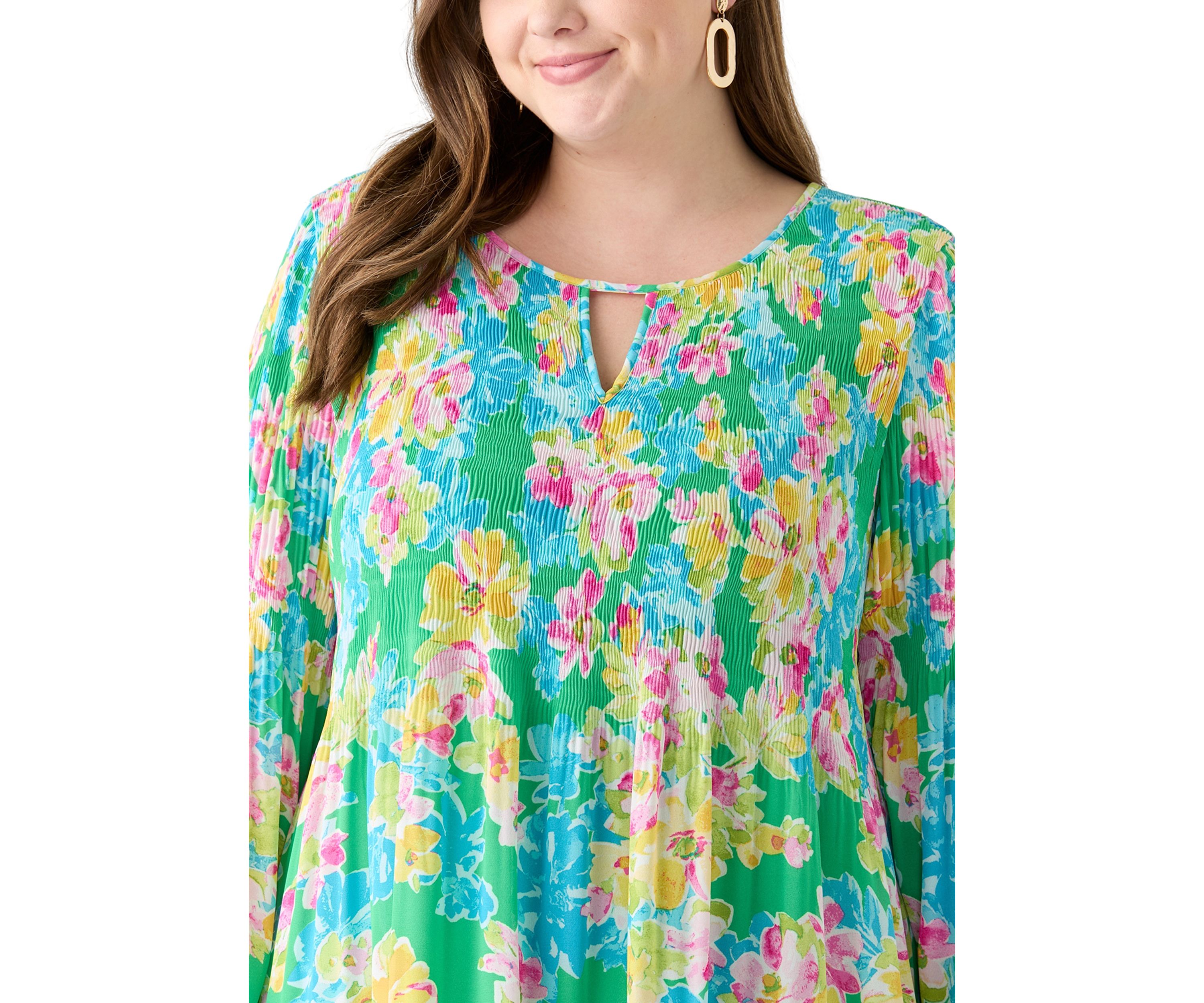Plus Size Long Sleeve Keyhole Floral Pleater Dress