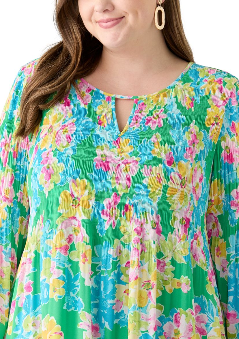 Plus Size Long Sleeve Keyhole Floral Pleater Dress