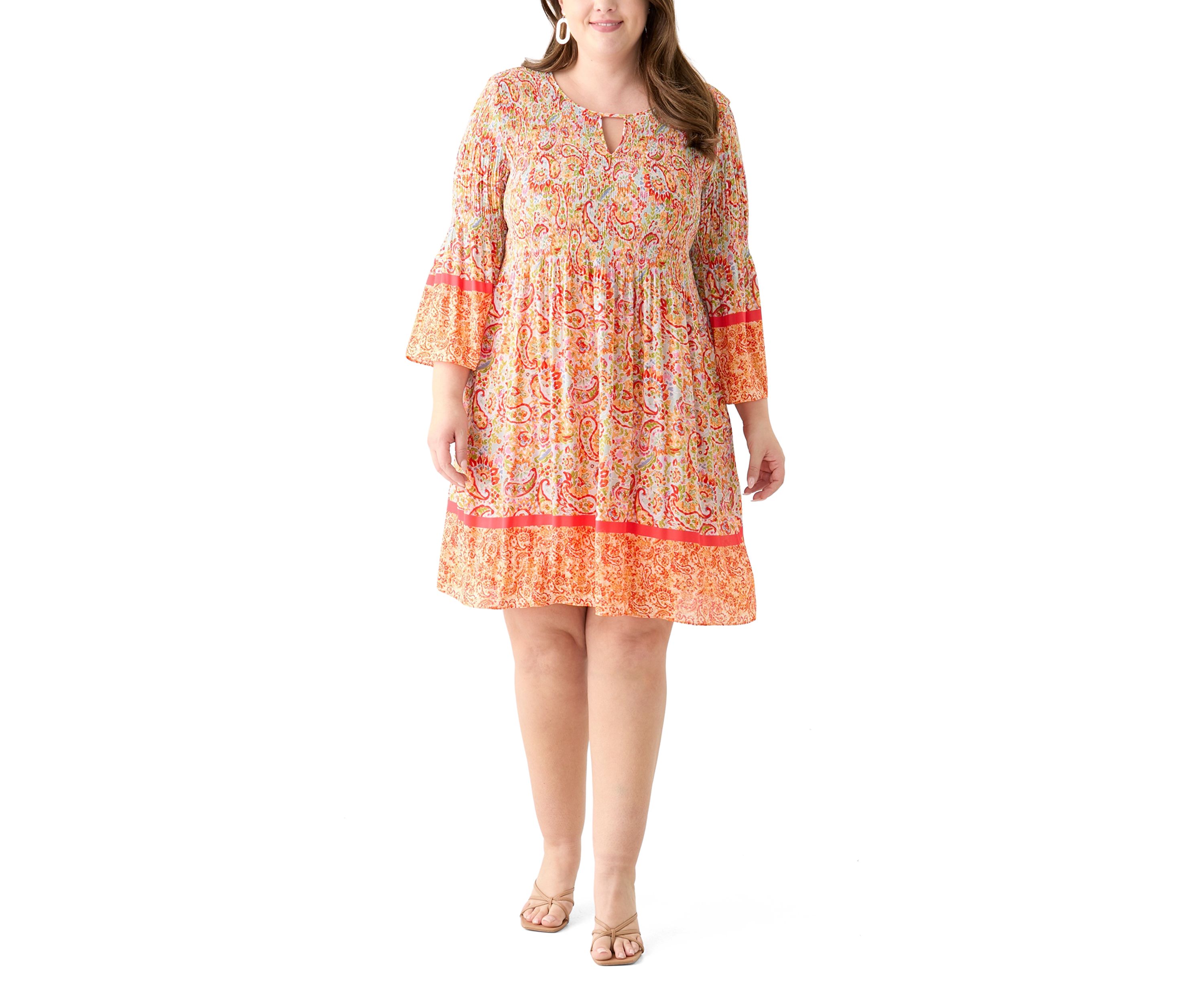 Plus Size Long Sleeve Keyhole Paisley Pleater Dress