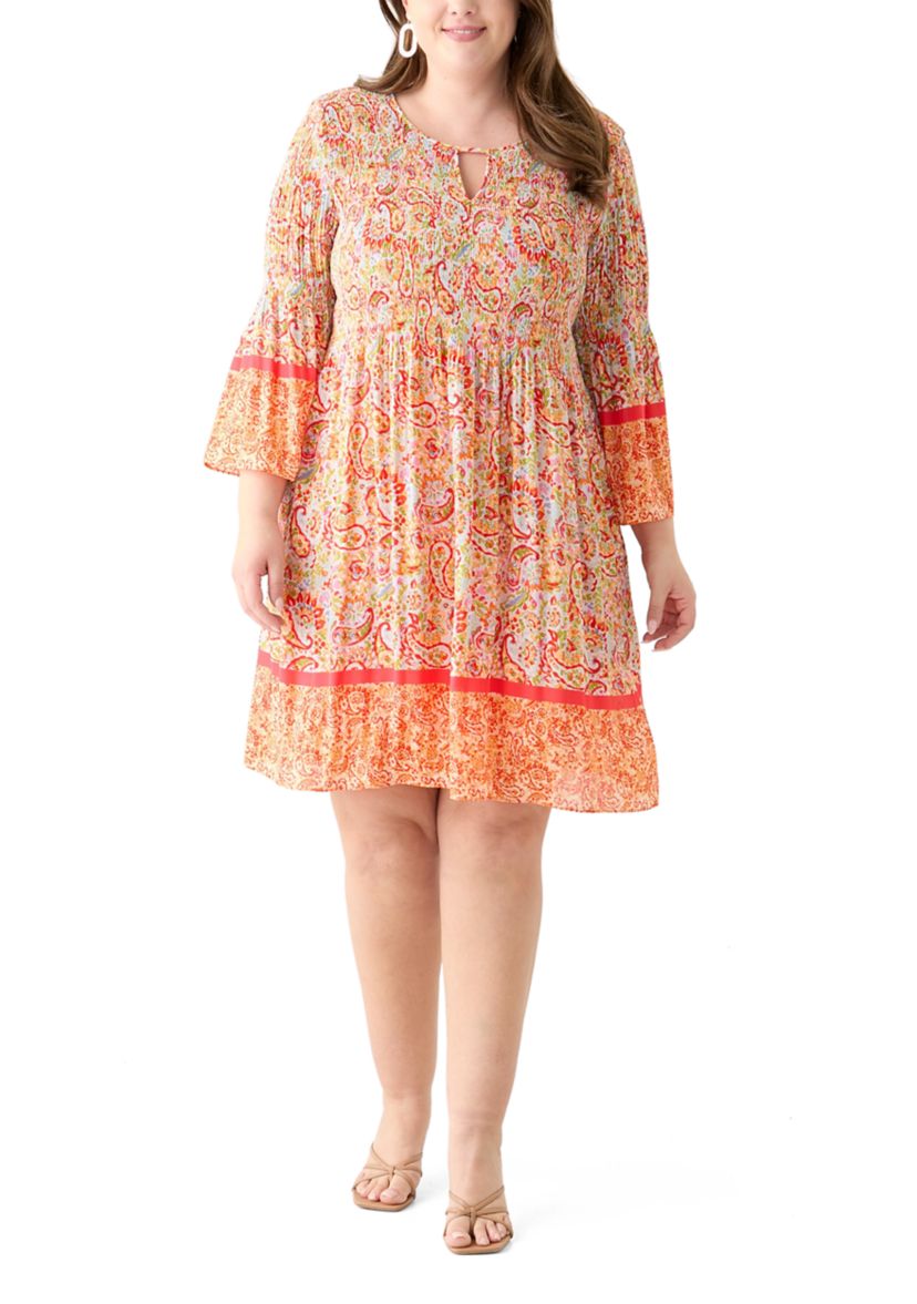 Plus Size Long Sleeve Keyhole Paisley Pleater Dress