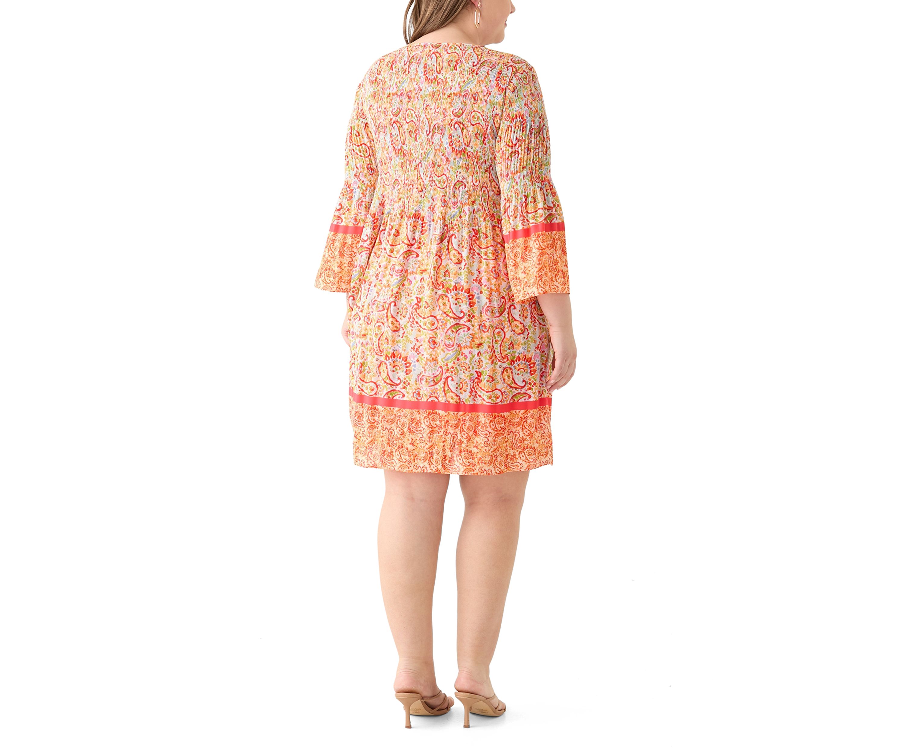 Plus Size Long Sleeve Keyhole Paisley Pleater Dress