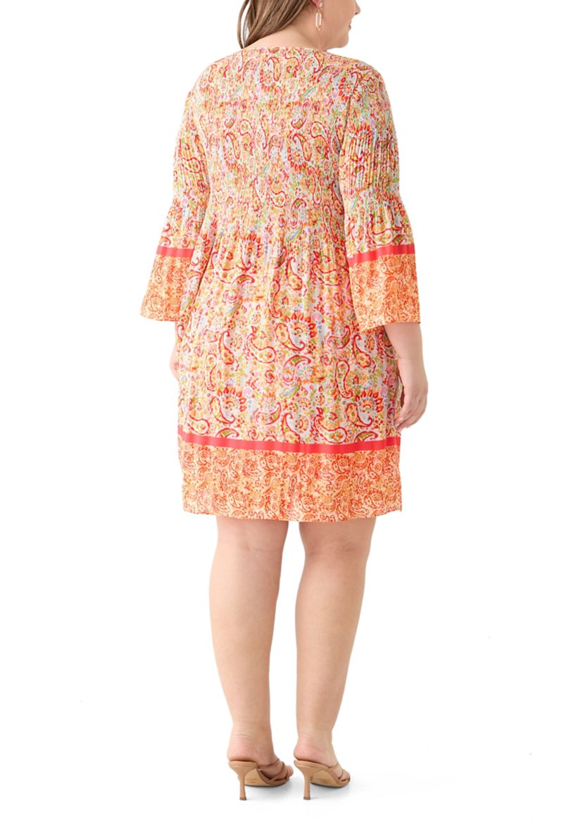 Plus Size Long Sleeve Keyhole Paisley Pleater Dress