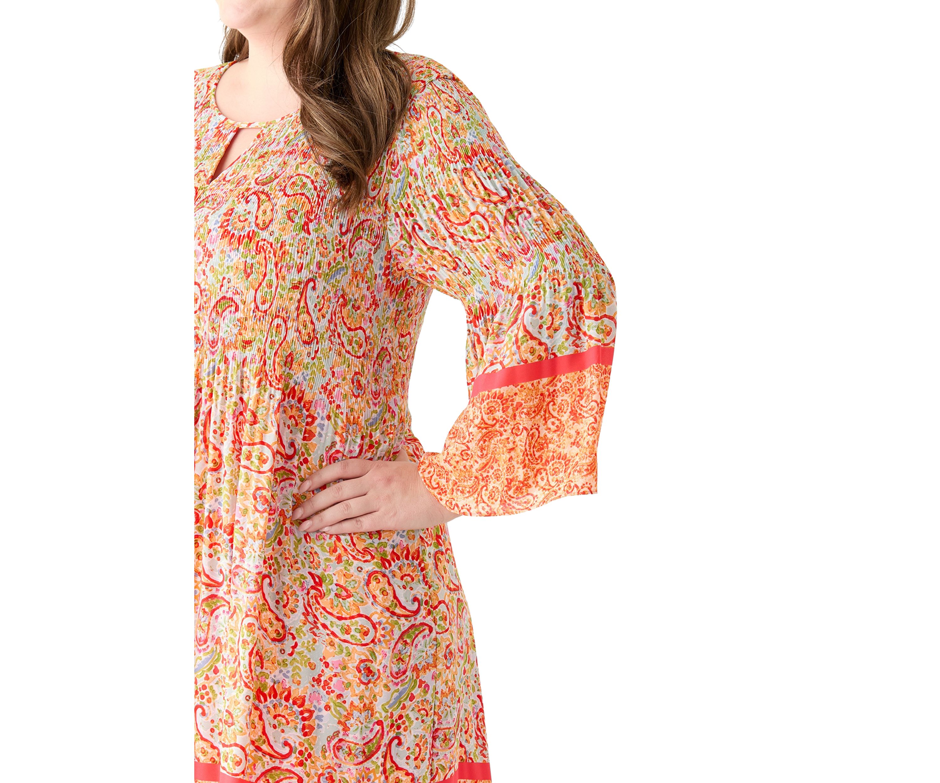 Plus Size Long Sleeve Keyhole Paisley Pleater Dress