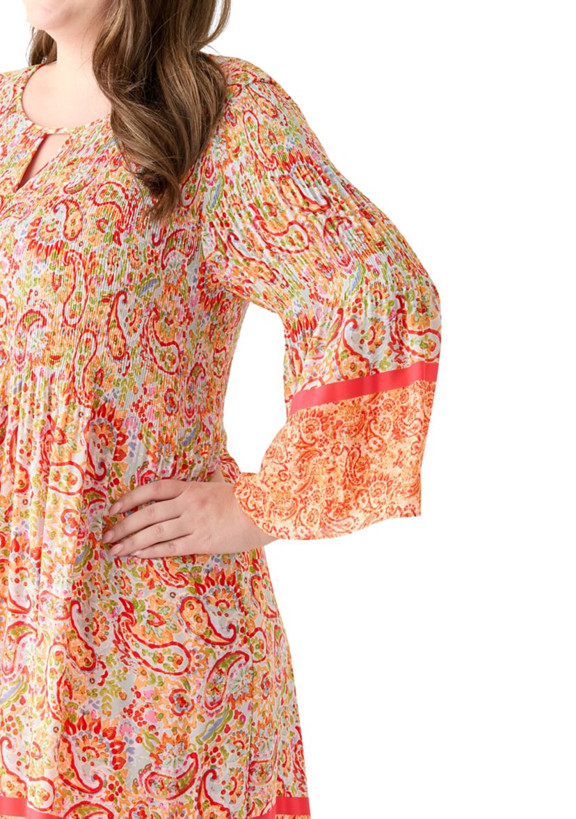 Plus Size Long Sleeve Keyhole Paisley Pleater Dress