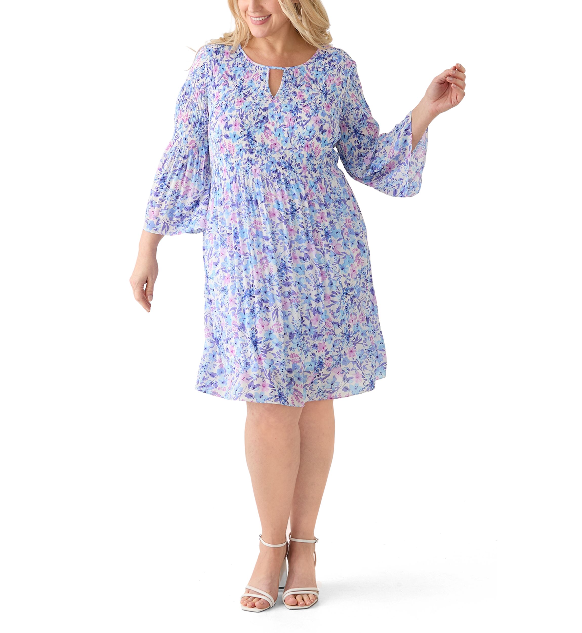 Plus Size Long Sleeve Scoop Keyhole Floral Dress