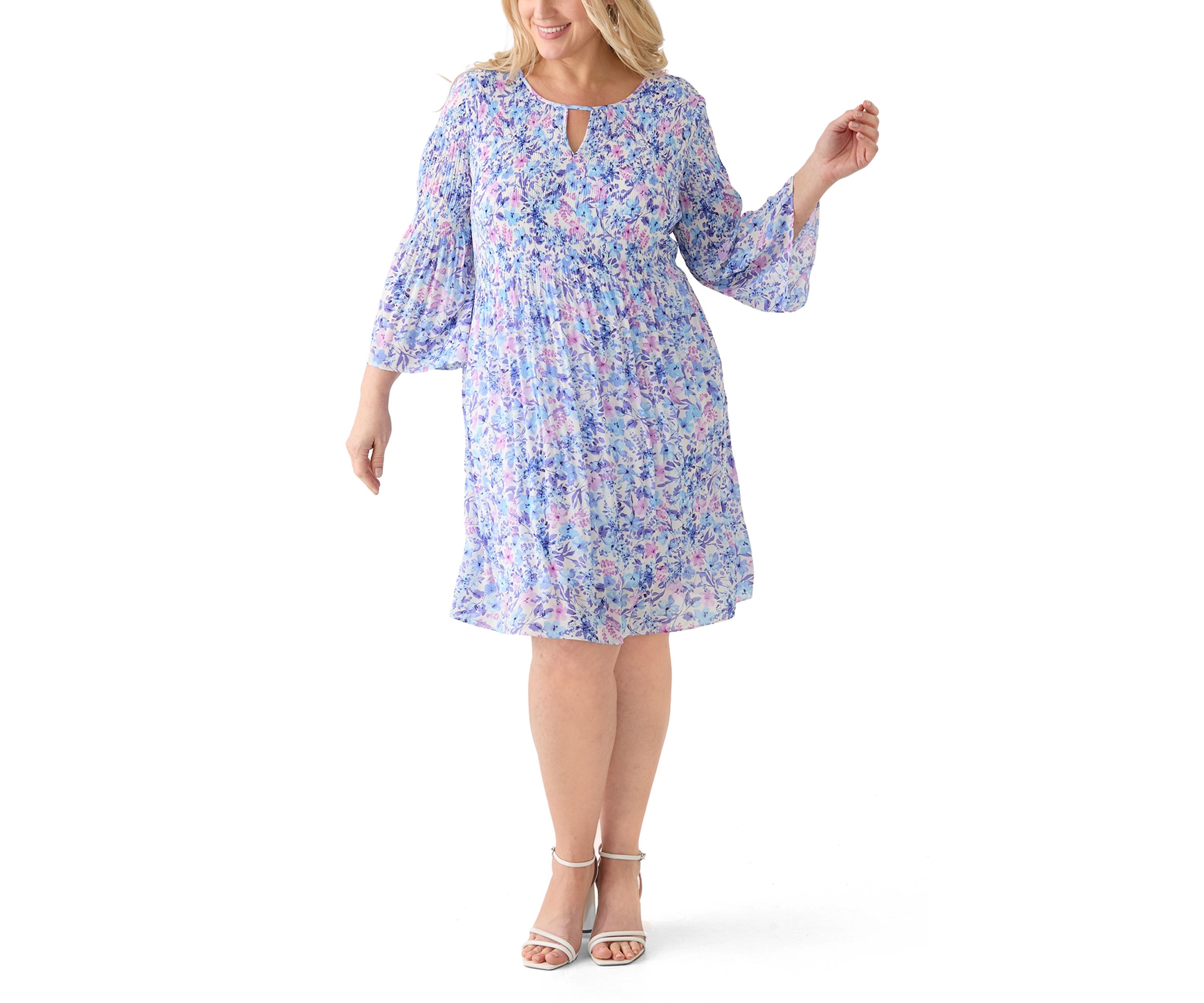 Plus Size Long Sleeve Scoop Keyhole Floral Dress