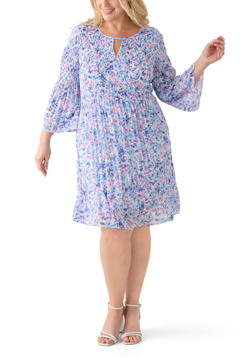 Plus Size Long Sleeve Scoop Keyhole Floral Dress