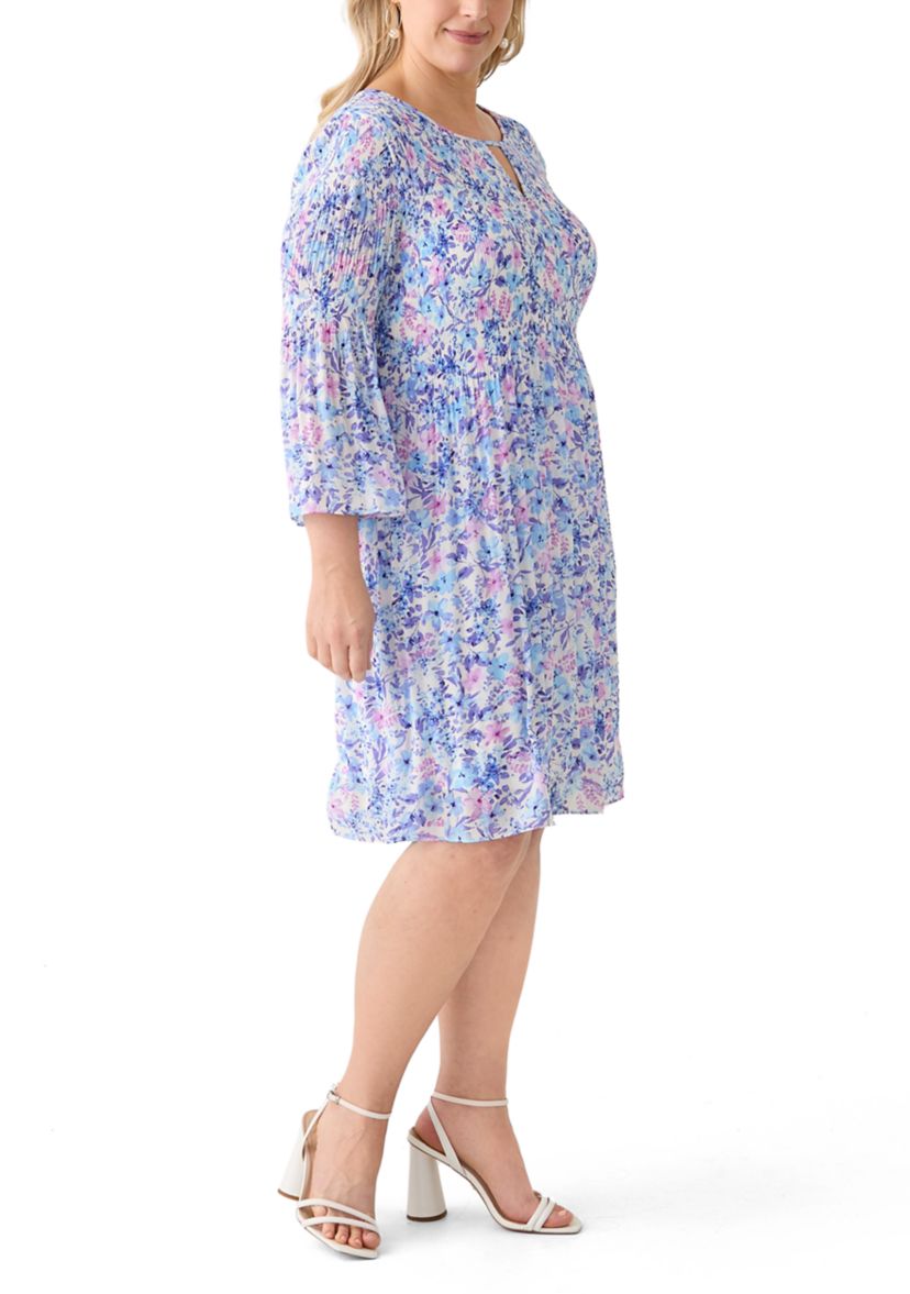 Plus Size Long Sleeve Scoop Keyhole Floral Dress