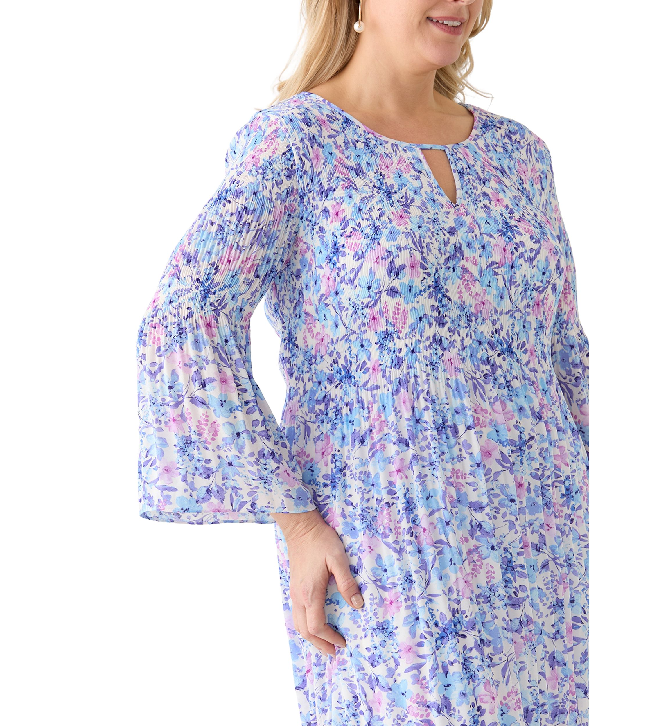 Plus Size Long Sleeve Scoop Keyhole Floral Dress