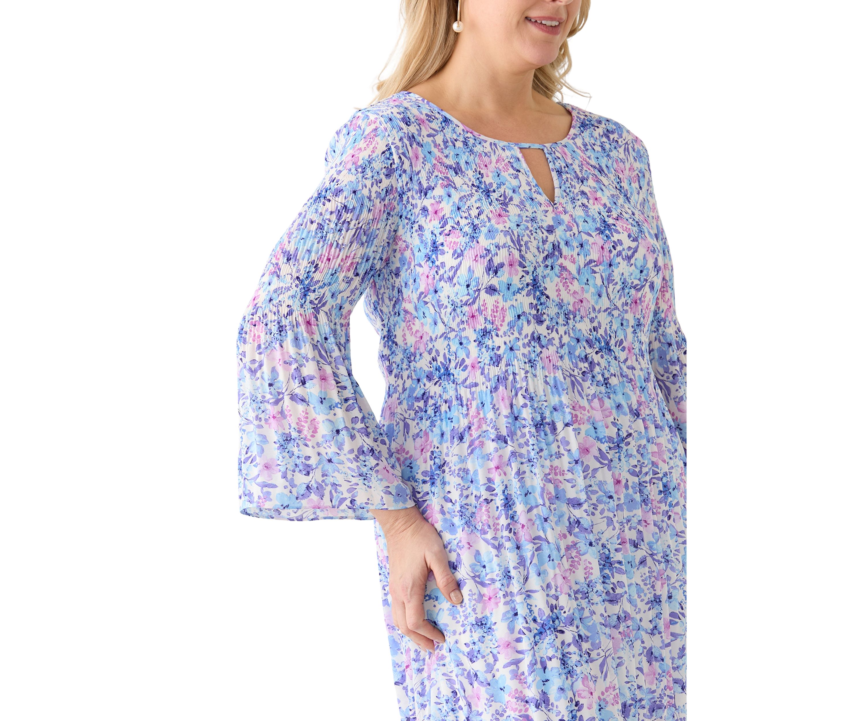 Plus Size Long Sleeve Scoop Keyhole Floral Dress