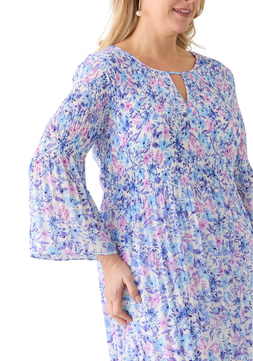 Plus Size Long Sleeve Scoop Keyhole Floral Dress