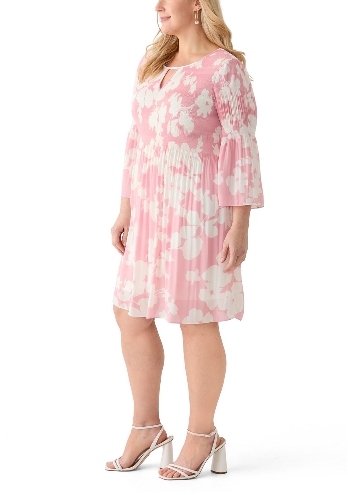 Plus Size Long Sleeve Scoop Keyhole Floral Dress