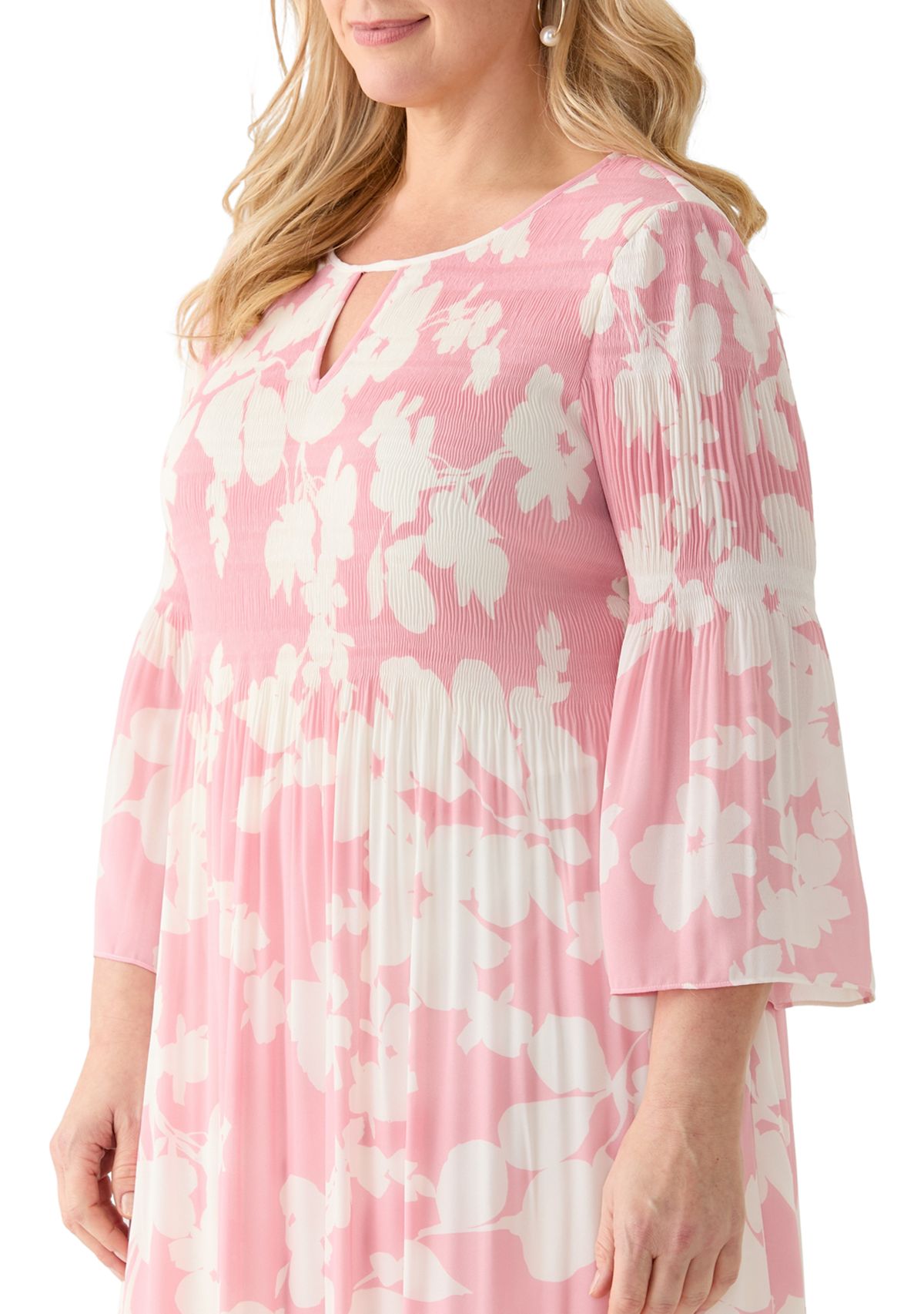 Plus Size Long Sleeve Scoop Keyhole Floral Dress