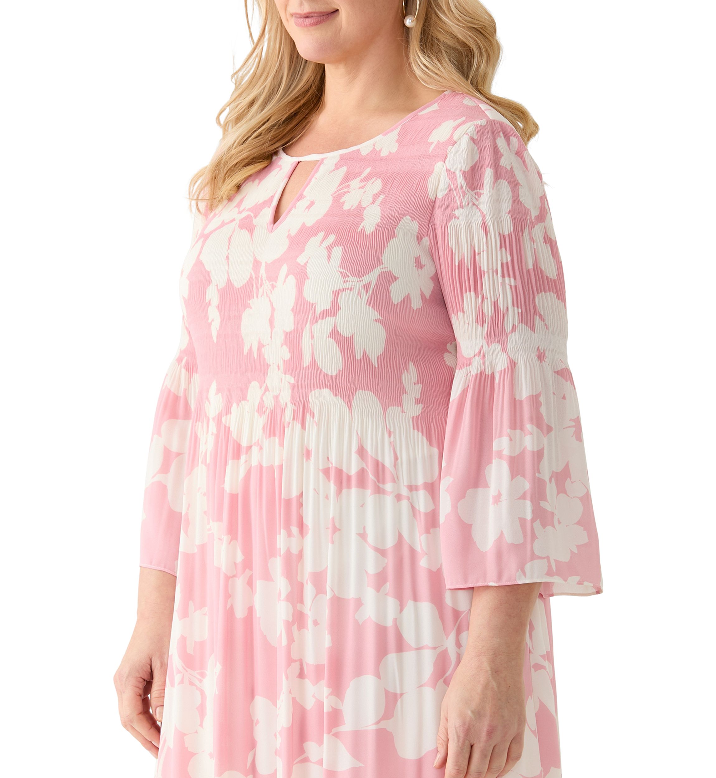 Plus Size Long Sleeve Scoop Keyhole Floral Dress