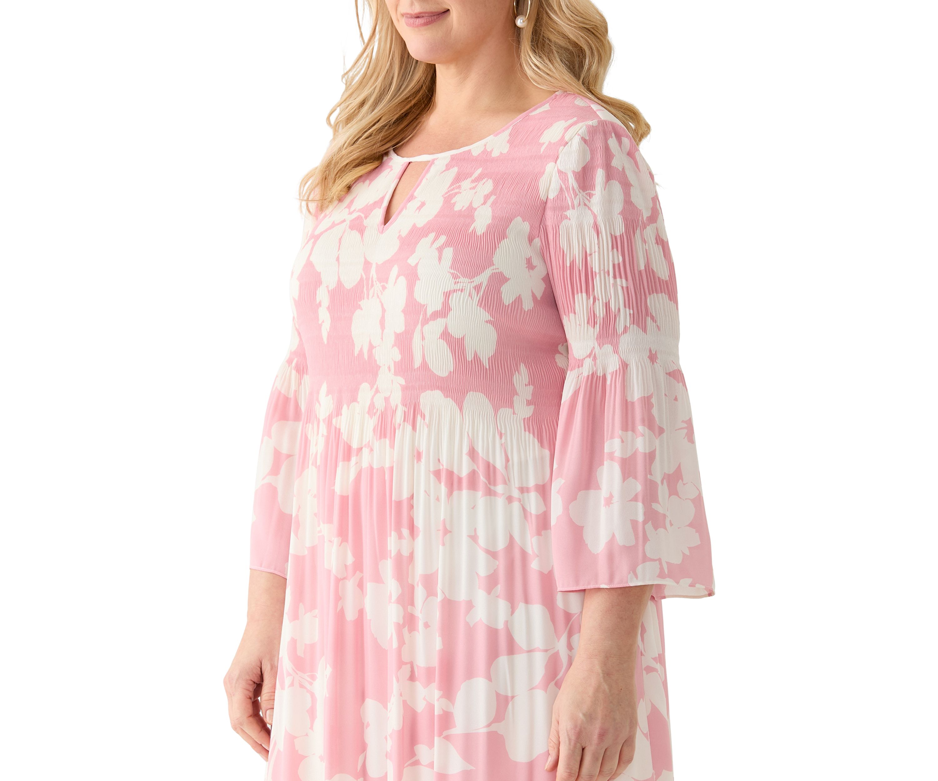 Plus Size Long Sleeve Scoop Keyhole Floral Dress