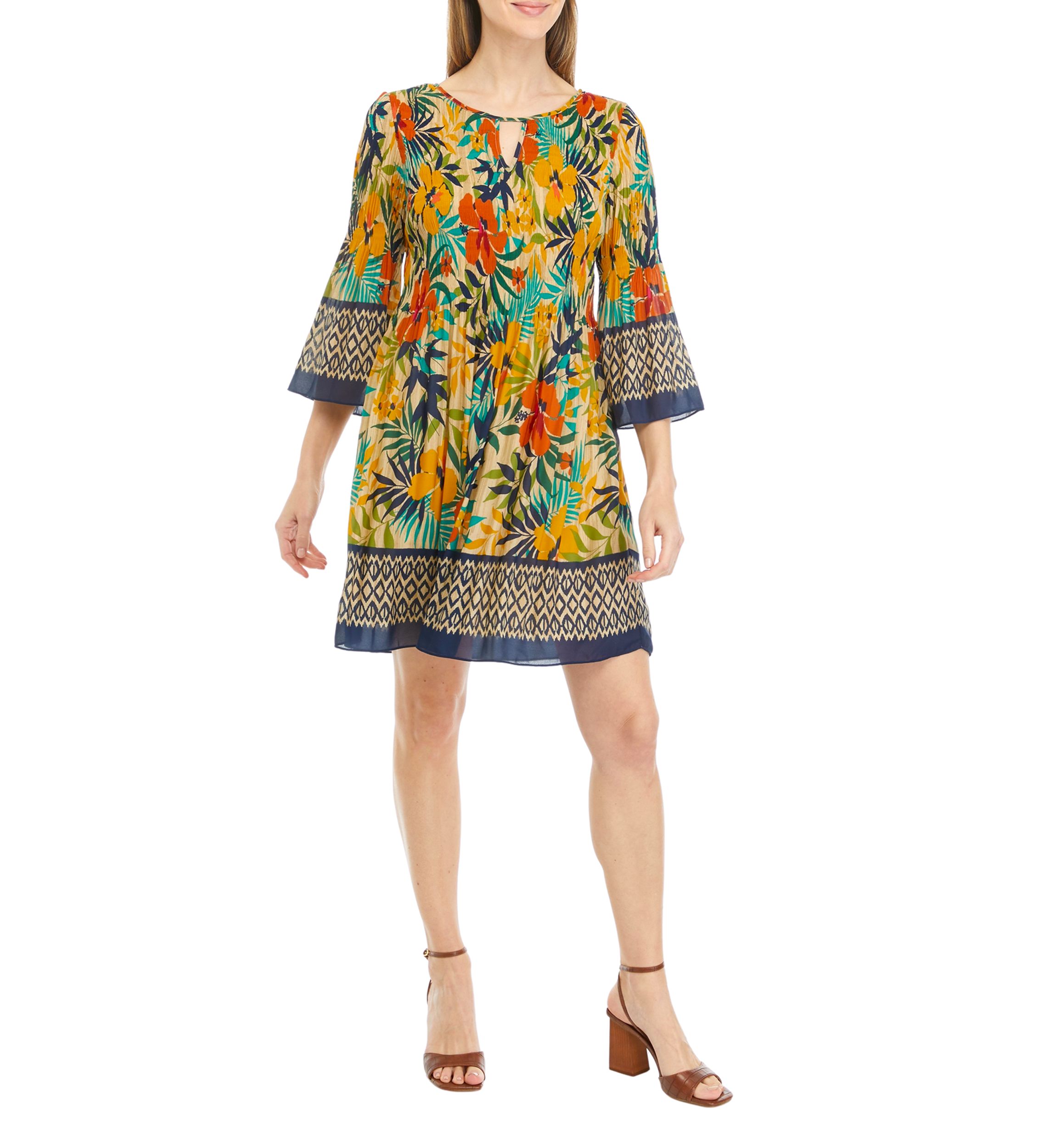 Womens Bell Sleeve Tropical Print Dress