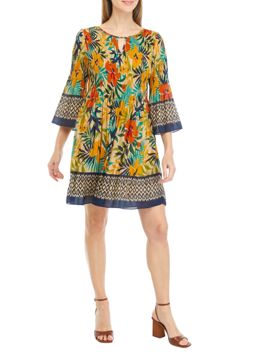 Womens Bell Sleeve Tropical Print Dress