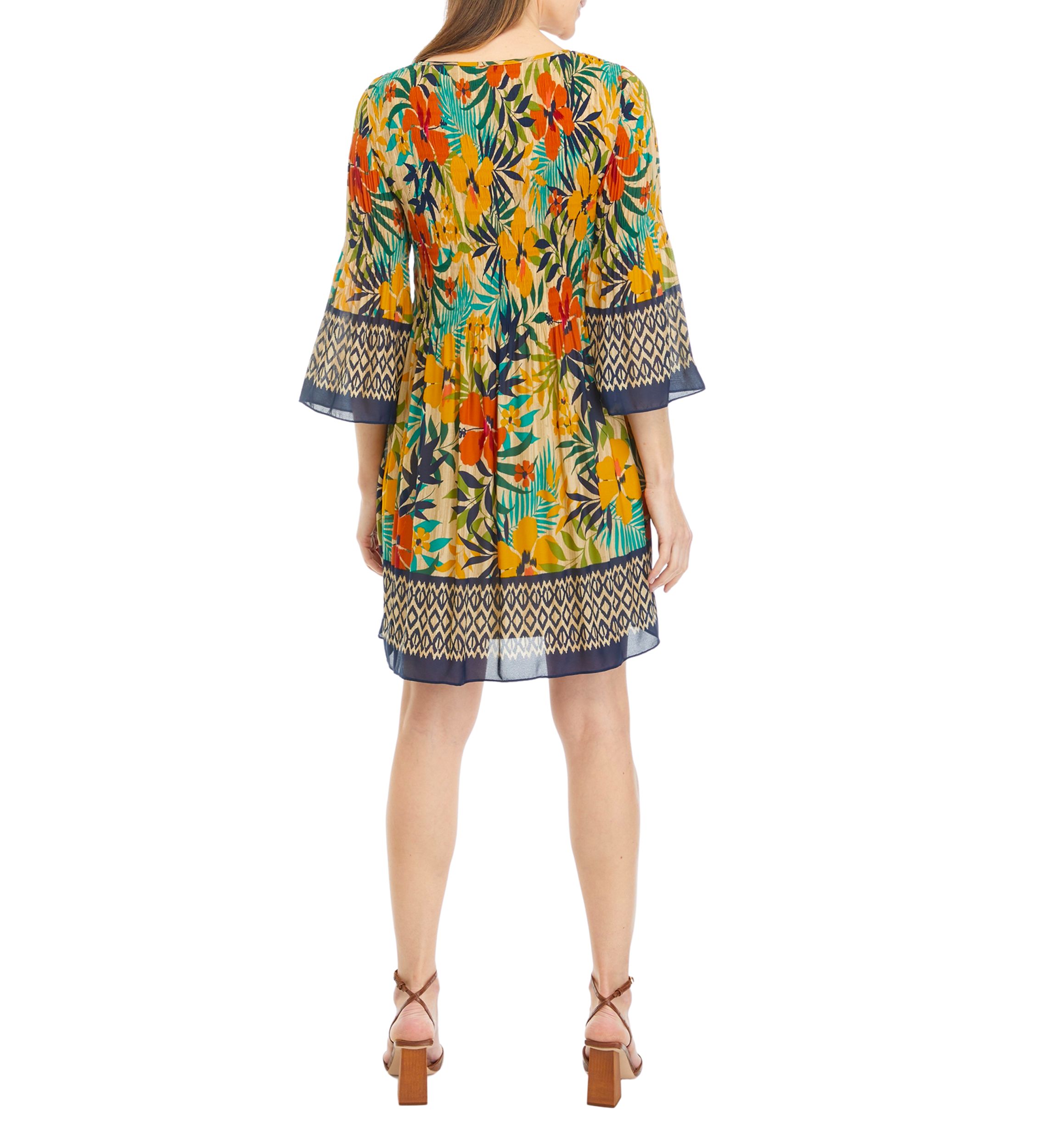 Womens Bell Sleeve Tropical Print Dress
