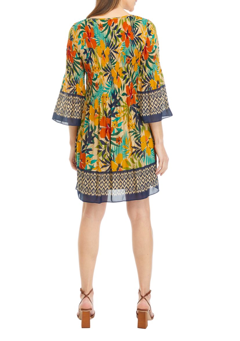 Womens Bell Sleeve Tropical Print Dress
