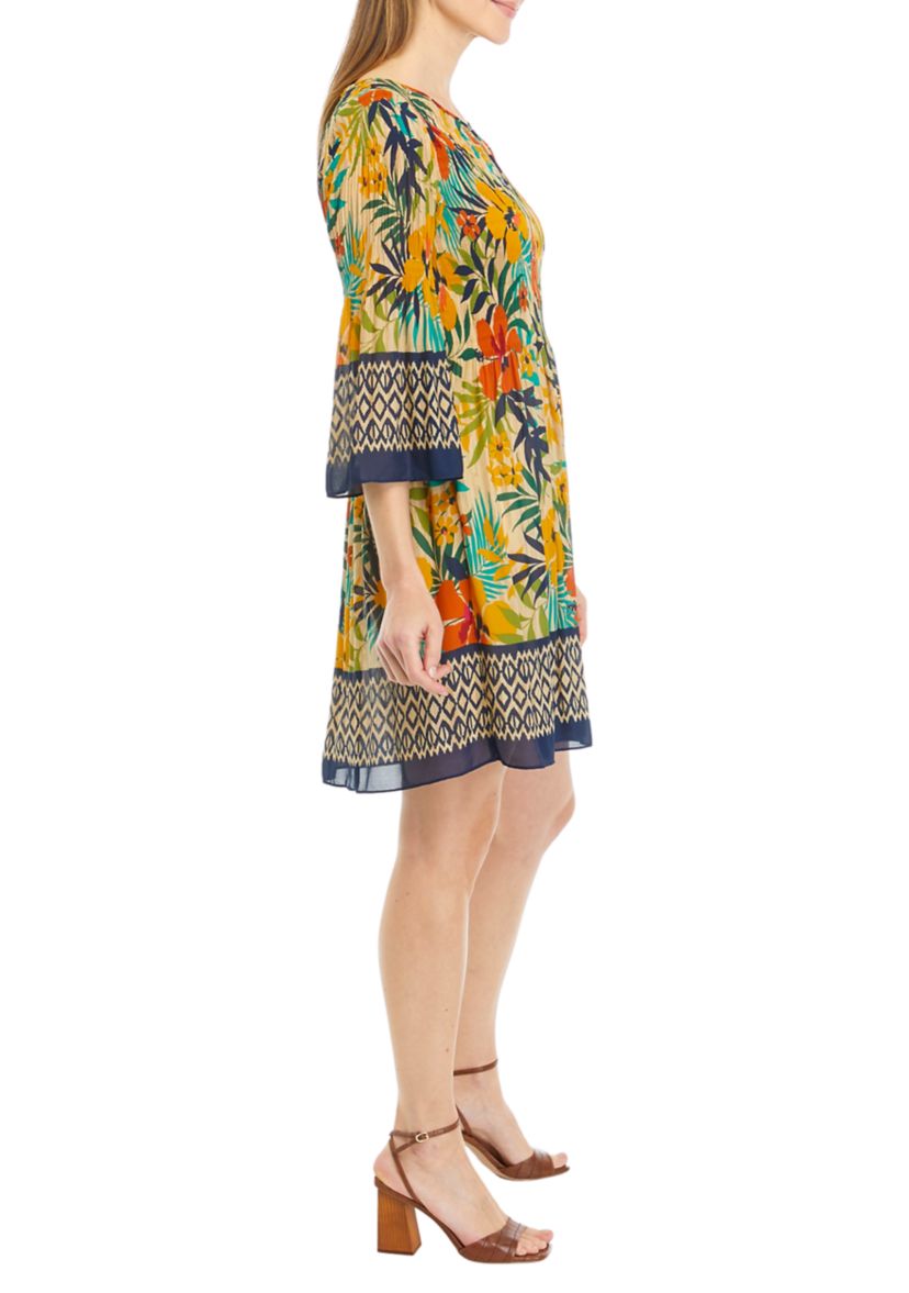 Womens Bell Sleeve Tropical Print Dress
