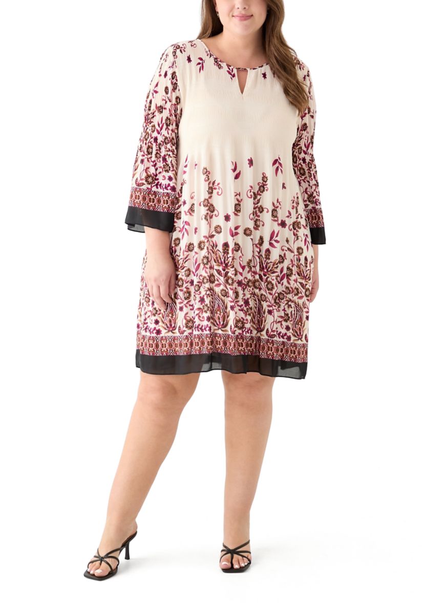 Plus Size Long Sleeve Keyhole Neck Floral Print Pleater Dress