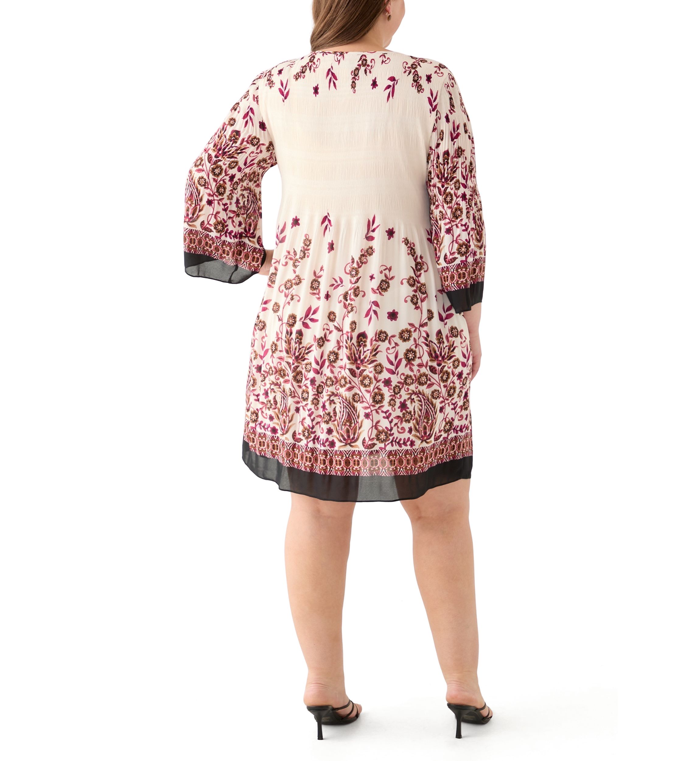 Plus Size Long Sleeve Keyhole Neck Floral Print Pleater Dress