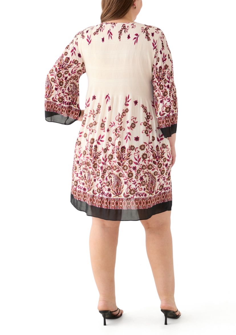 Plus Size Long Sleeve Keyhole Neck Floral Print Pleater Dress
