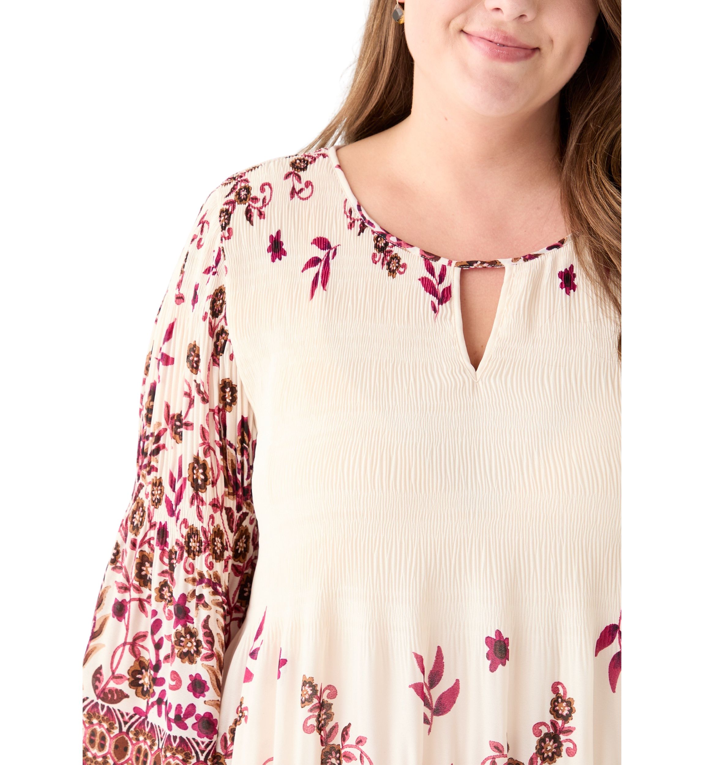 Plus Size Long Sleeve Keyhole Neck Floral Print Pleater Dress