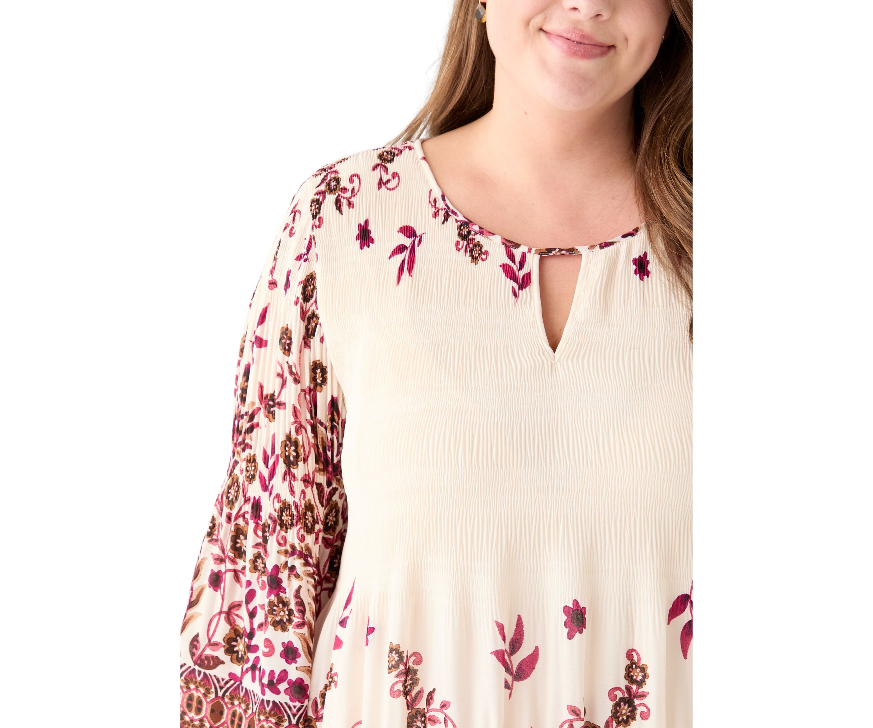 Plus Size Long Sleeve Keyhole Neck Floral Print Pleater Dress