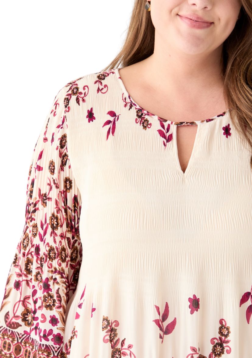 Plus Size Long Sleeve Keyhole Neck Floral Print Pleater Dress