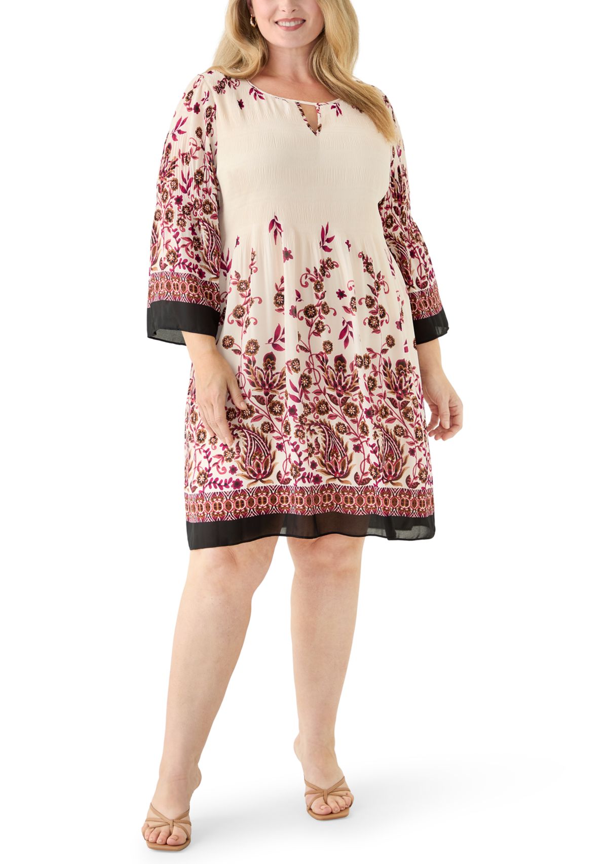 Plus Size Long Sleeve Keyhole Neck Floral Print Pleater Dress