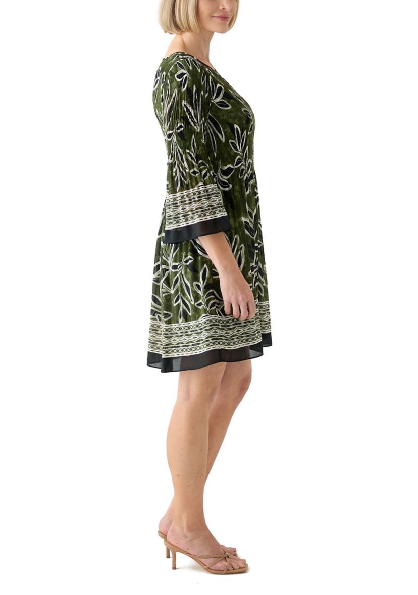 Womens Long Bell Sleeve Pleater Mini Dress