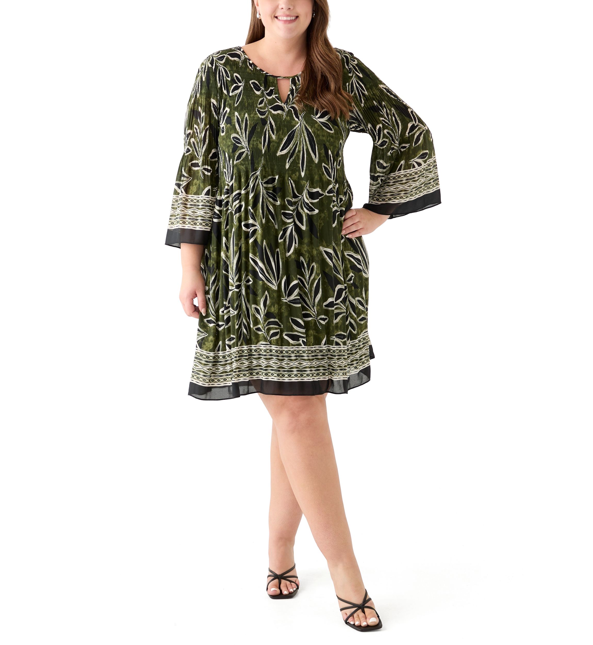 Plus Size Long Sleeve Keyhole Neck Floral Print Pleater Dress