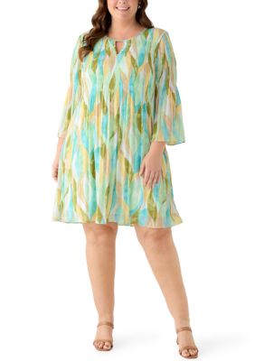 Emma & Michelle Women's Plus Size Long Bell Sleeve Keyhole Neck Dress, 3X