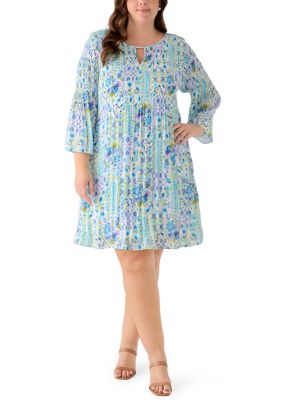 Emma & Michelle Women's Plus Size Long Bell Sleeve V-Neck Dress