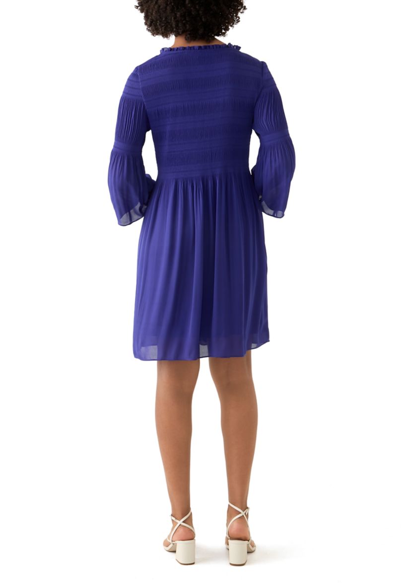 Womens 3/4 Sleeve V-Neck Solid A-Line Pleater Dress