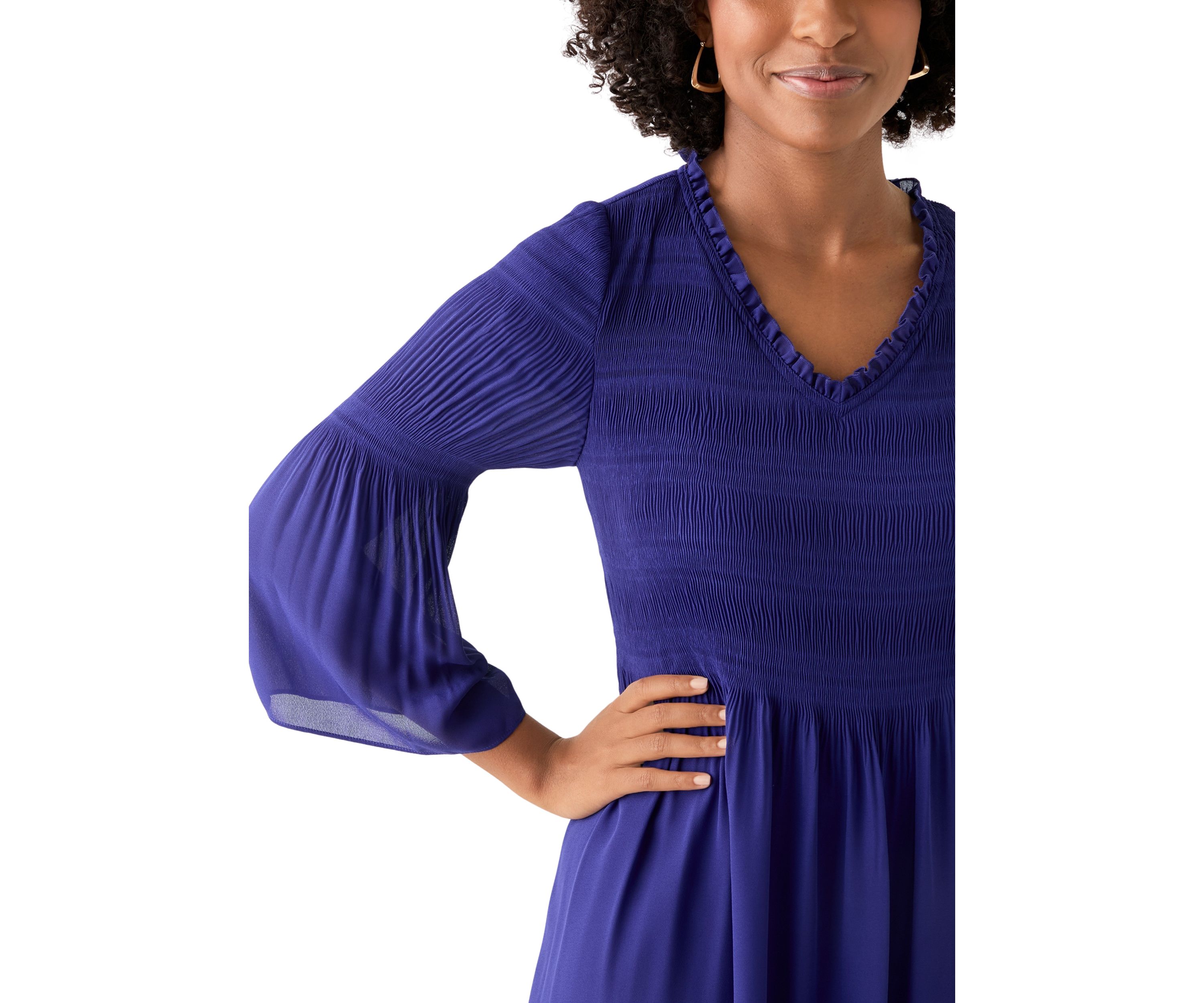 Womens 3/4 Sleeve V-Neck Solid A-Line Pleater Dress