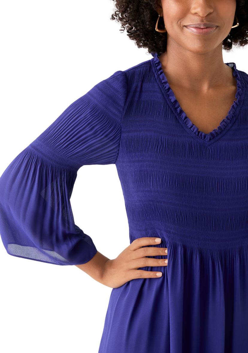 Womens 3/4 Sleeve V-Neck Solid A-Line Pleater Dress