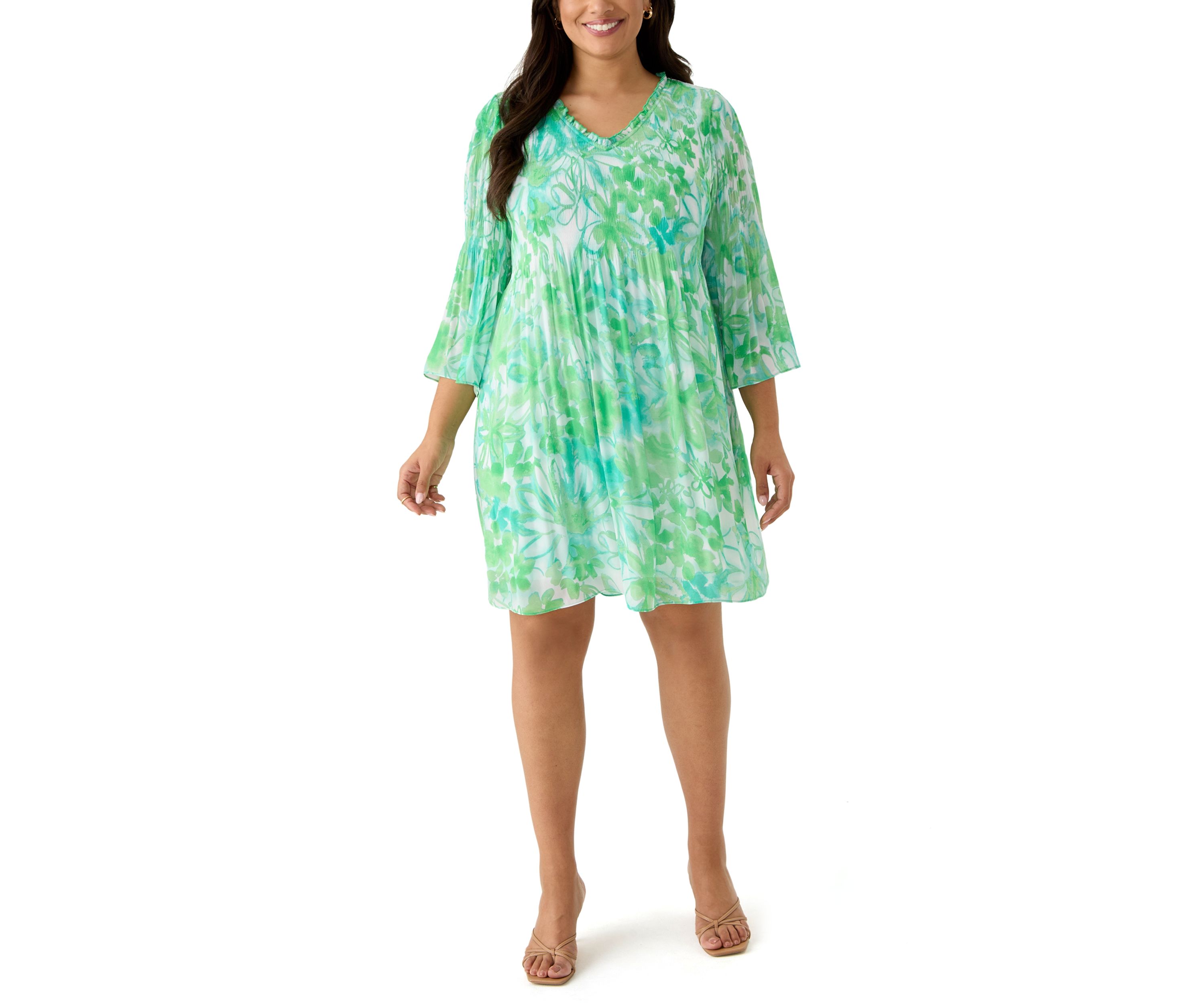Plus Size 3/4 Sleeve V-Neck Floral Print Chiffon A-Line Dress